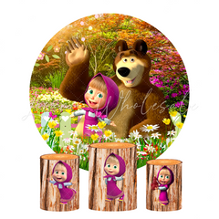 Masha And The Bear Birthday Party Round Backdrop Cover Plinth Cylinder Pedestal Cloth Cover