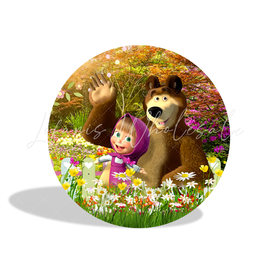 Masha And The Bear Birthday Party Round Backdrop Cover Plinth Cylinder Pedestal Cloth Cover