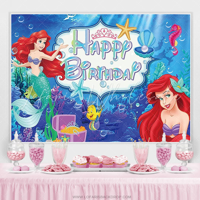 Lofaris Mermaid Cartoon Theme Happy Birthday Backdrop For Girl
