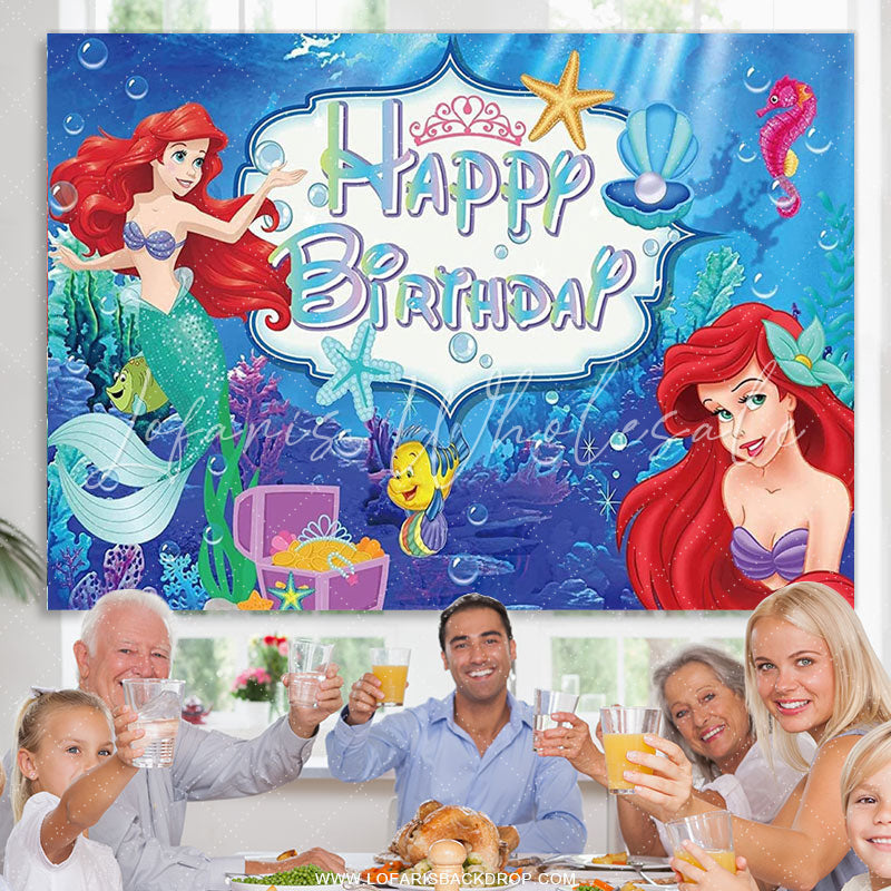 Lofaris Mermaid Cartoon Theme Happy Birthday Backdrop For Girl