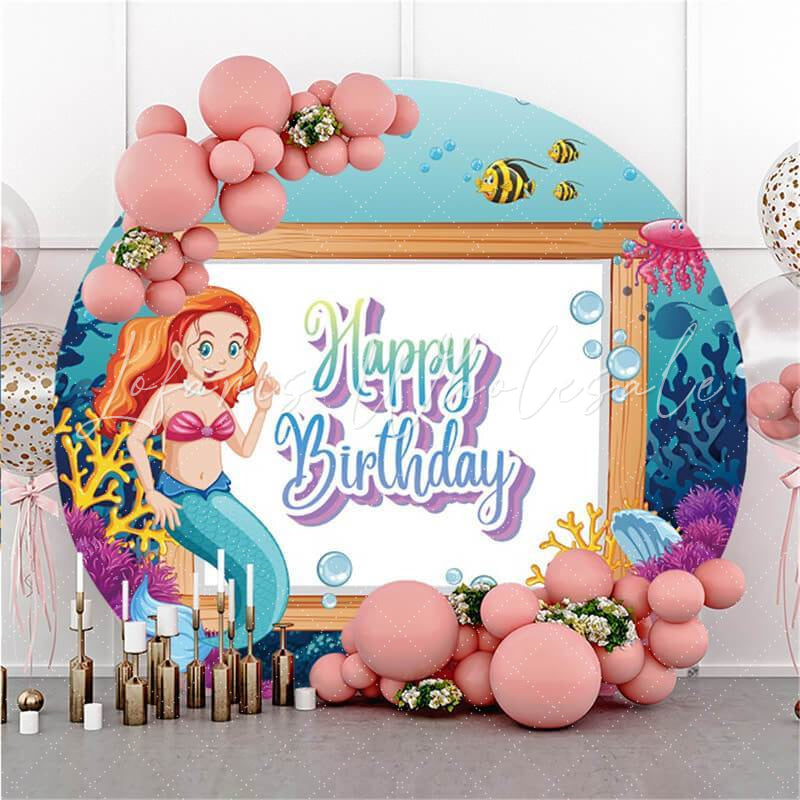 Lofaris Mermaid Coral Island Circle Happy Birthday Backdrop