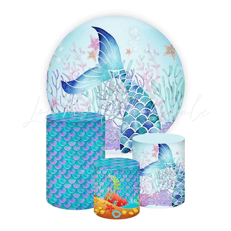 Mermaid Themed Round Backdrop and Cylinders Kit for Birthday Parties