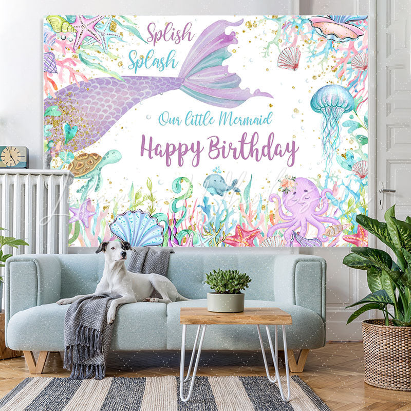 Lofaris Mermaid Under Sea World Glitter Happy Birthday Backdrop