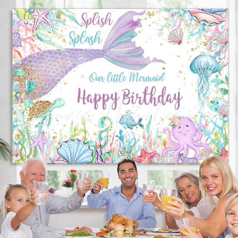 Lofaris Mermaid Under Sea World Glitter Happy Birthday Backdrop