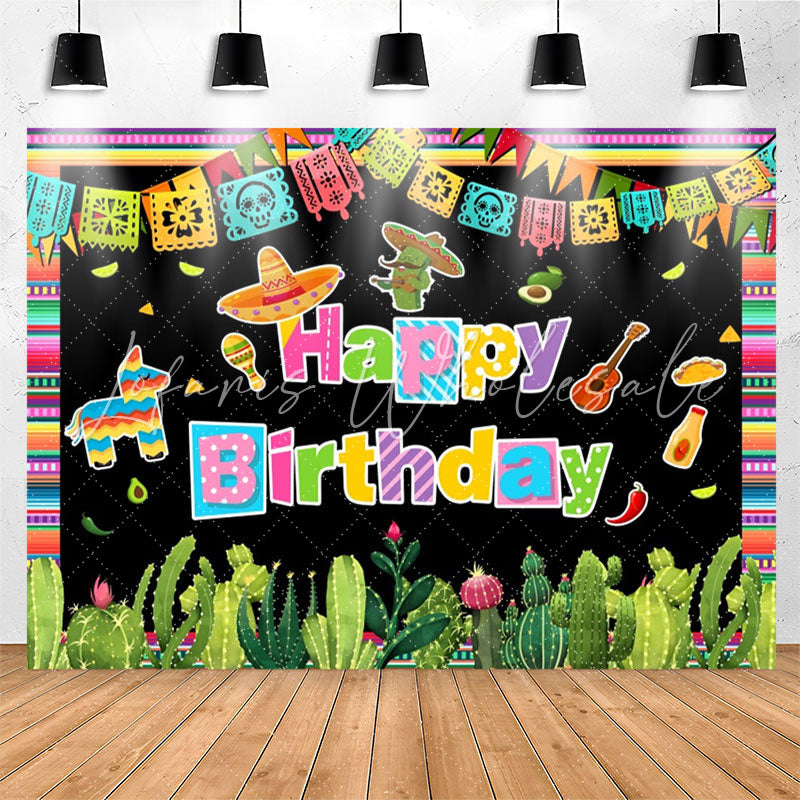 Lofaris Mexican Fiesta Colored Flag Cactus Birthday Backdrop