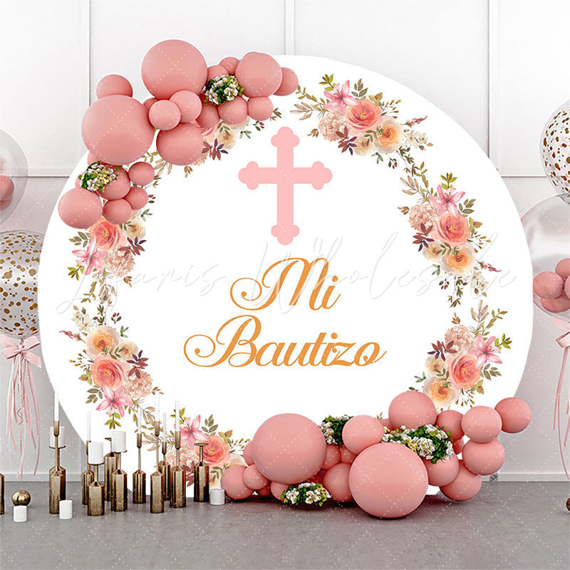 Lofaris Mi Bautizo Floral Baptism Round Backdrop Cover