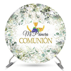 Lofaris Mi Primera Comunion Green Leaves Circle Baptism Backdrop