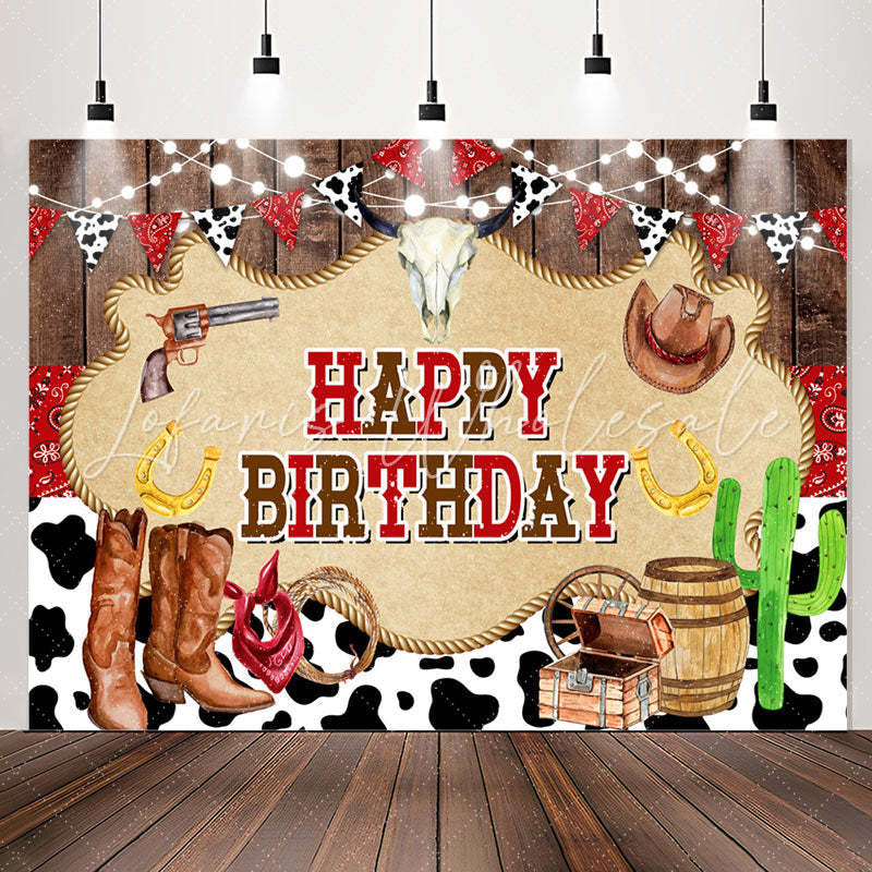 Lofaris Milch Cow Brown Boots Wood Happy Birthday Backdrop