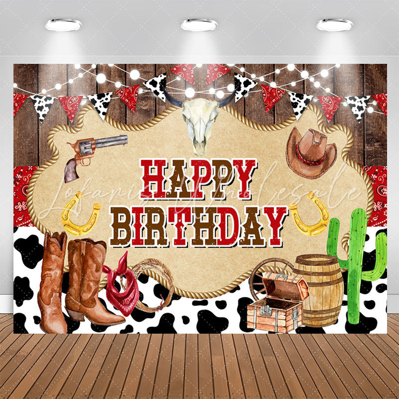 Lofaris Milch Cow Brown Boots Wood Happy Birthday Backdrop