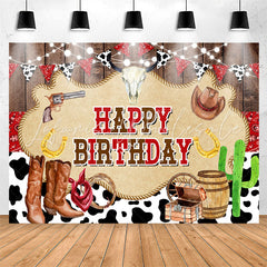 Lofaris Milch Cow Brown Boots Wood Happy Birthday Backdrop