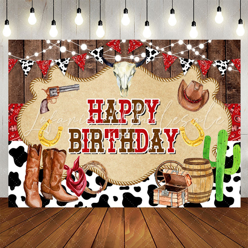 Lofaris Milch Cow Brown Boots Wood Happy Birthday Backdrop