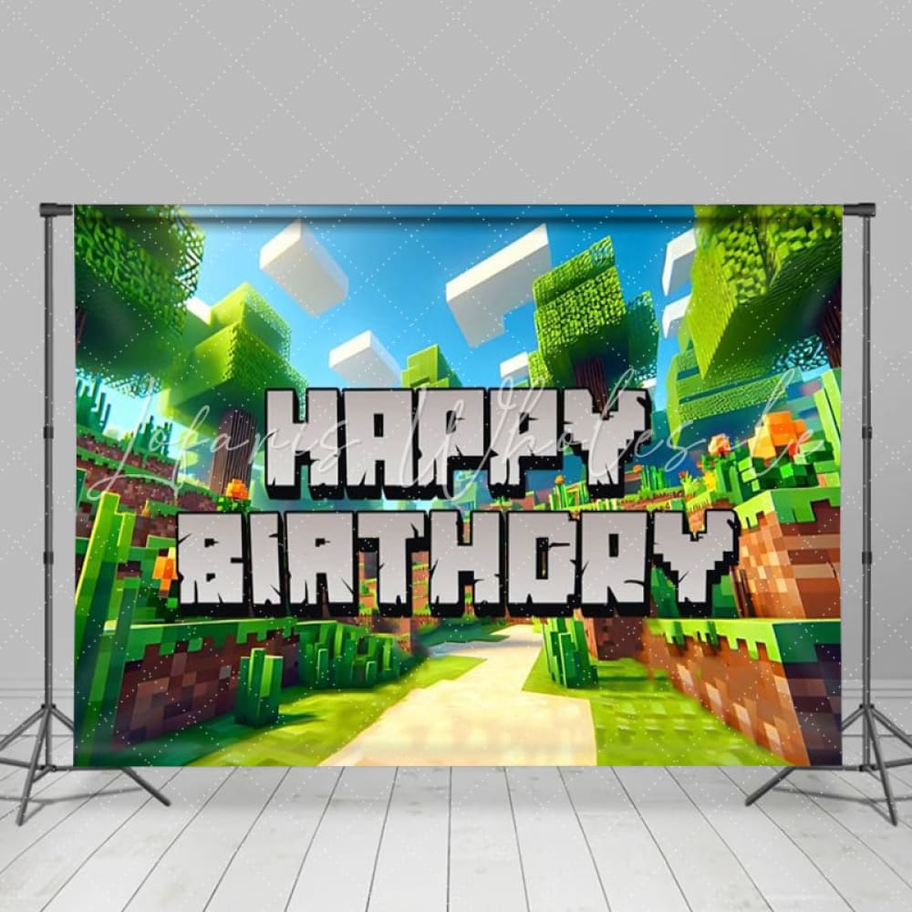 Minecraft Pixel Sandbox Theme Video Game Birthday Party Backdrop