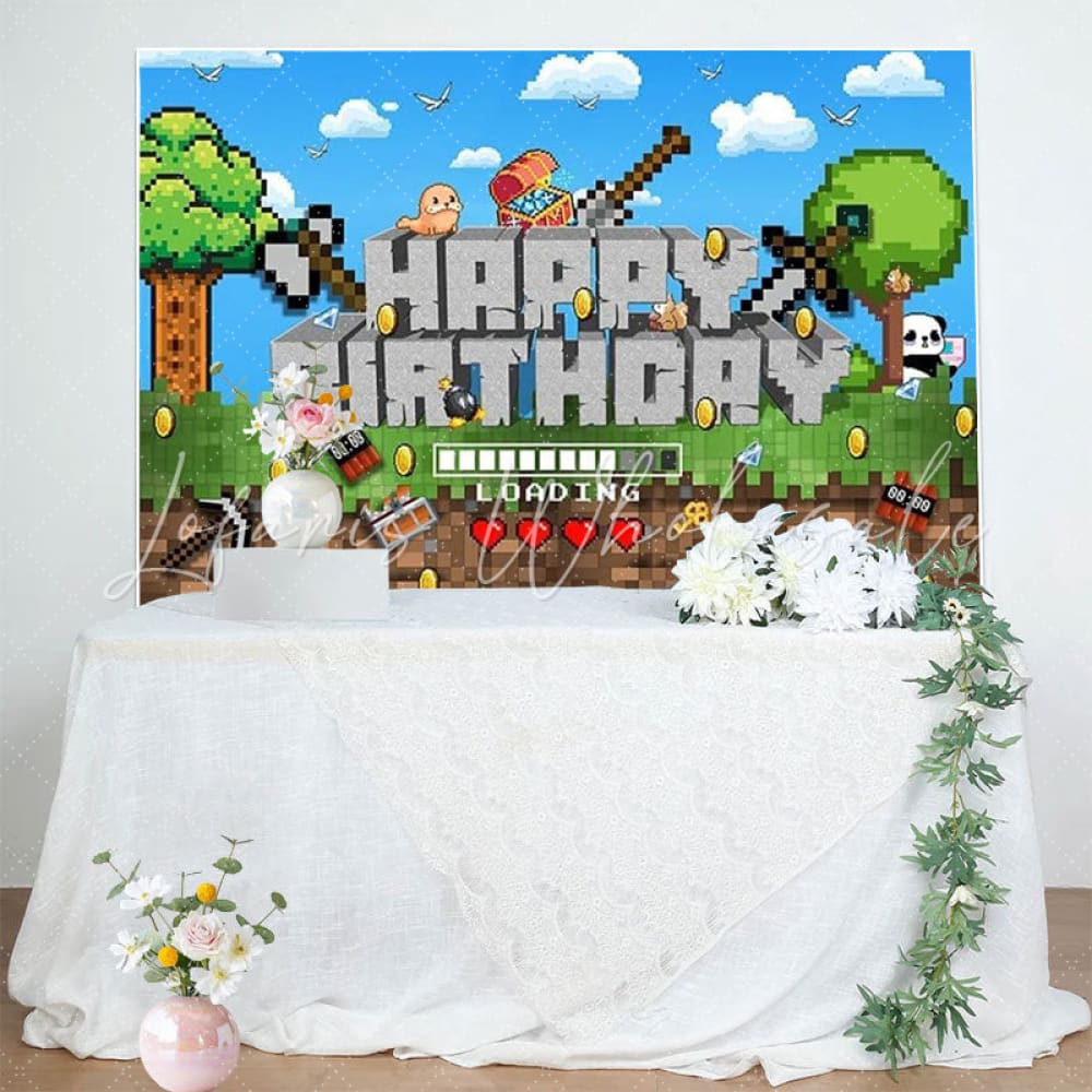 Minecraft Pixel Video Game Themed Happy Birthday Party Backdrop