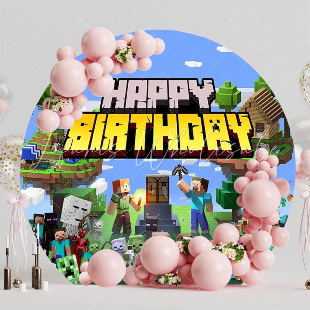 Minecraft Pixel Video Games Round Happy Birthday Backdrop