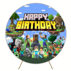 Minecraft Pixel Video Games Round Happy Birthday Backdrop