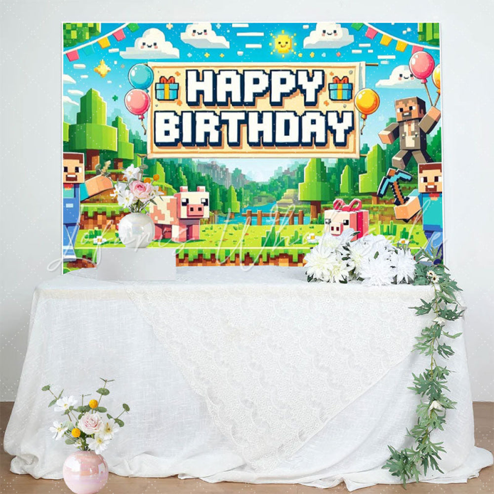 Minecraft Pixel Villager Video Game Happy Birthday Backdrop For Boys