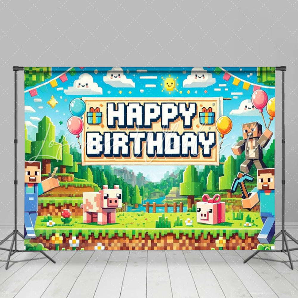 Minecraft Pixel Villager Video Game Happy Birthday Backdrop For Boys