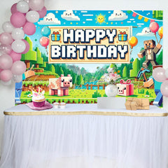 Minecraft Pixel Villager Video Game Happy Birthday Backdrop For Boys