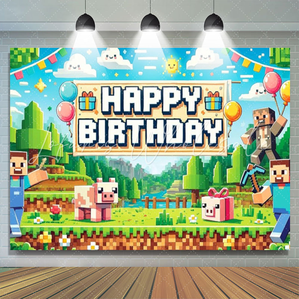 Minecraft Pixel Villager Video Game Happy Birthday Backdrop For Boys