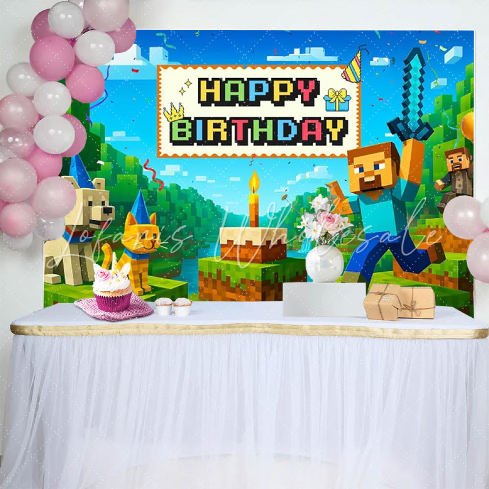 Miner Pixel Video Game Happy Birthday Backdrop For Boys Kids