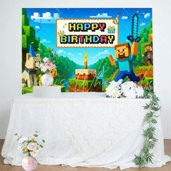 Miner Pixel Video Game Happy Birthday Backdrop For Boys Kids