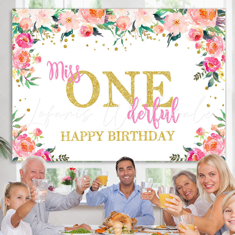 Lofaris Miss Onederful Watercolor Florals 1St Birthday Backdrop