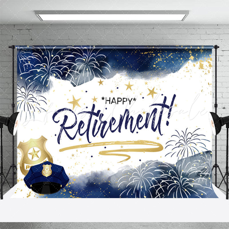 Lofaris Modern Dark Blue Gold Happy Retirement Party Backdrop
