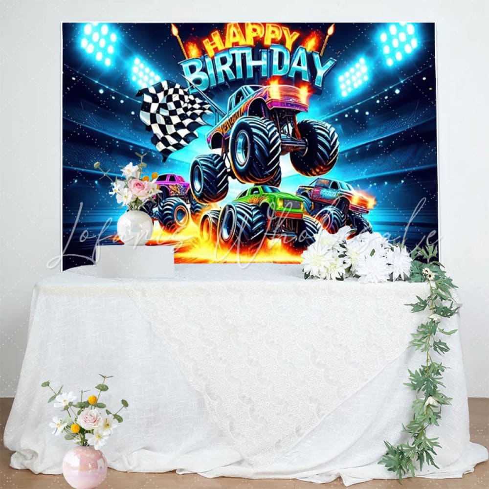 Monster Truck Birthday Backdrop Decorations For Boy