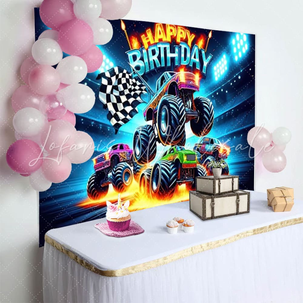 Monster Truck Birthday Backdrop Decorations For Boy