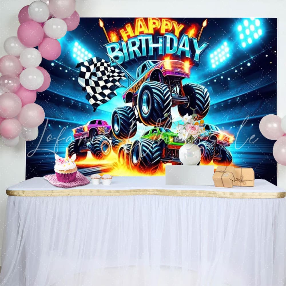 Monster Truck Birthday Backdrop Decorations For Boy