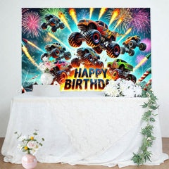 Monster Truck Sparkle Happy Birthday Party Backdrop For Boys Kids