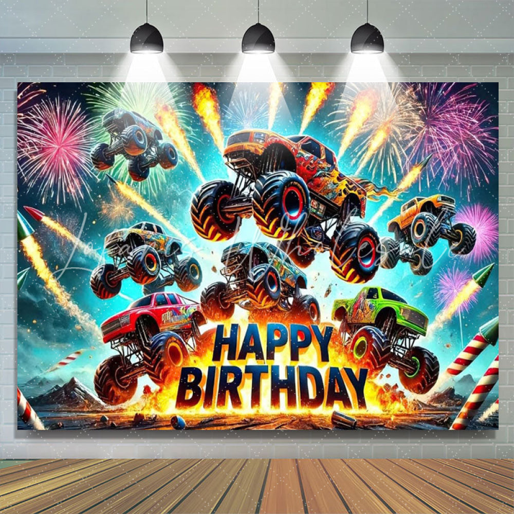 Monster Truck Sparkle Happy Birthday Party Backdrop For Boys Kids