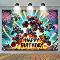 Monster Truck Sparkle Happy Birthday Party Backdrop For Boys Kids