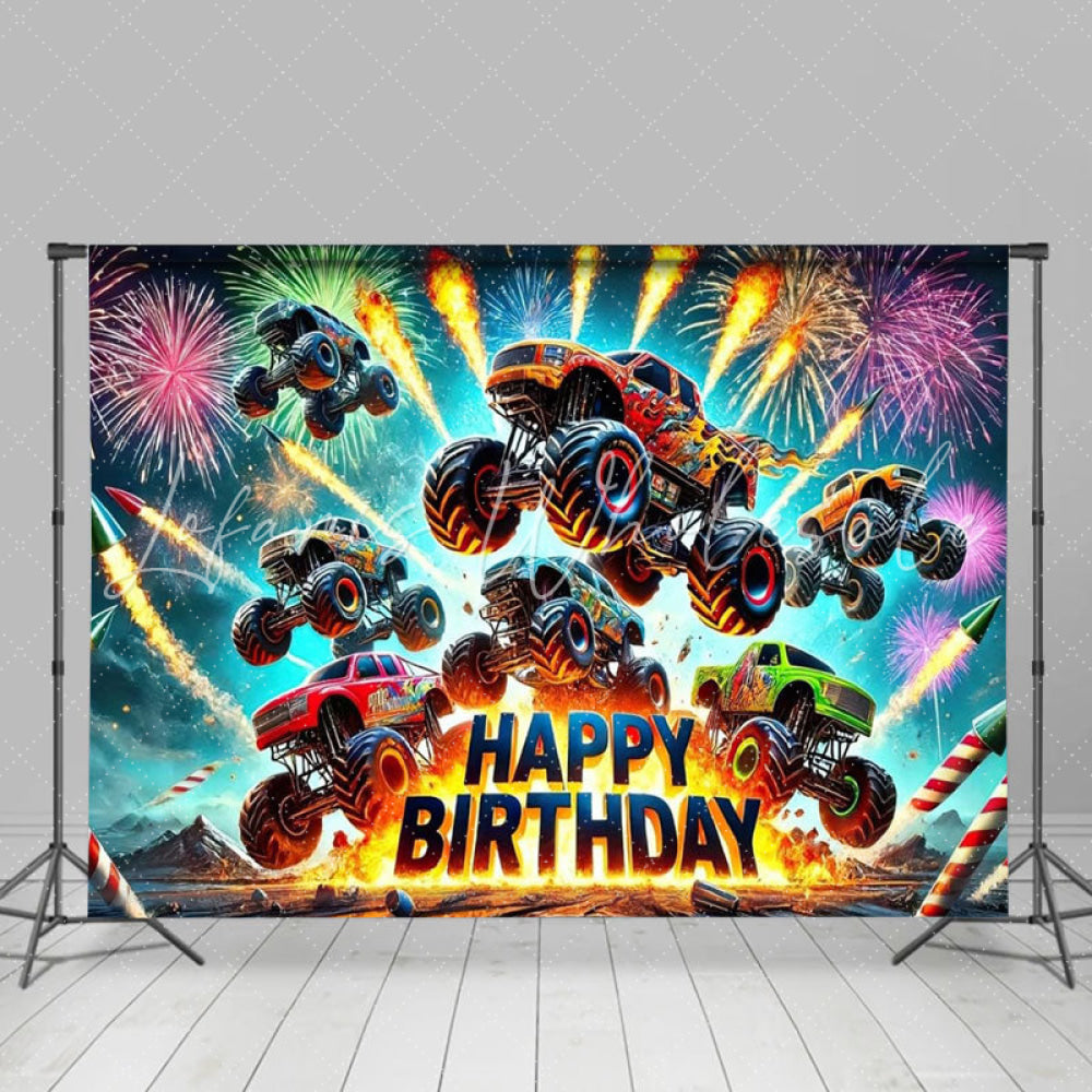 Monster Truck Sparkle Happy Birthday Party Backdrop For Boys Kids