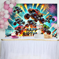 Monster Truck Sparkle Happy Birthday Party Backdrop For Boys Kids