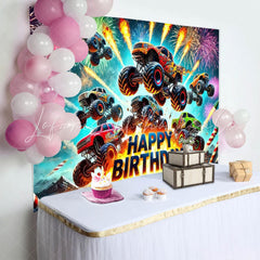 Monster Truck Sparkle Happy Birthday Party Backdrop For Boys Kids