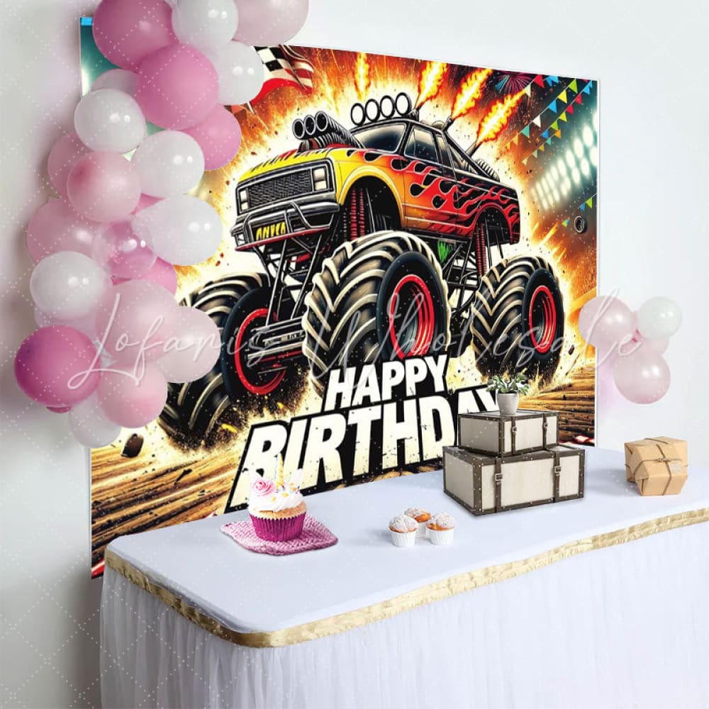 Monster Truck Sports Theme Happy Birthday Party Backdrop For Boys