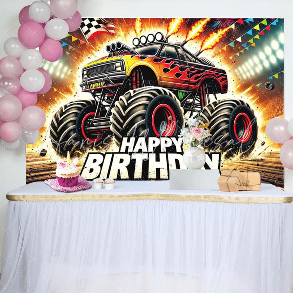 Monster Truck Sports Theme Happy Birthday Party Backdrop For Boys