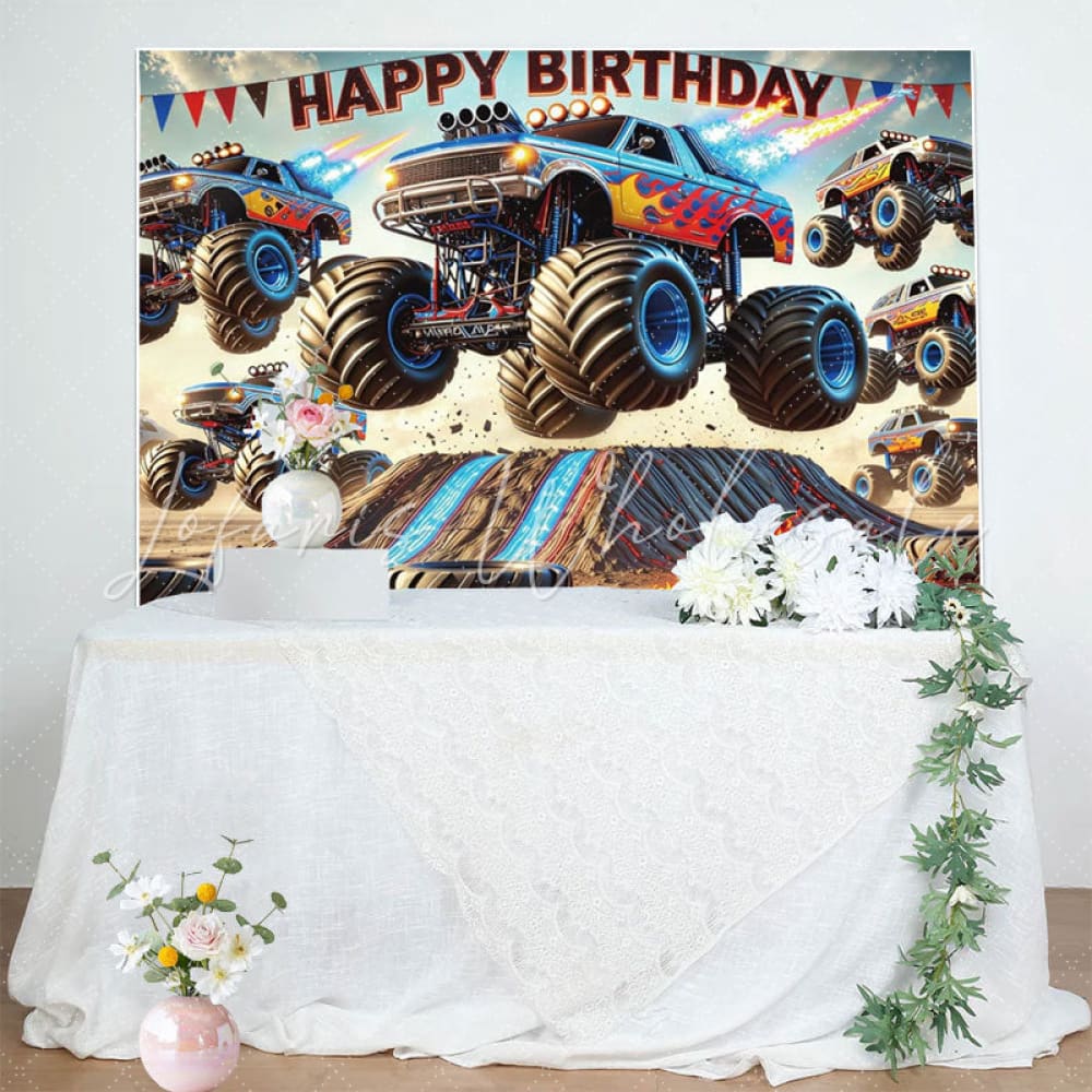 Monster Truck Theme Games Happy Birthday Backdrop For Boys