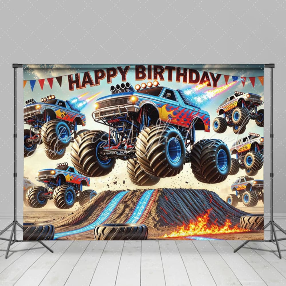 Monster Truck Theme Games Happy Birthday Backdrop For Boys