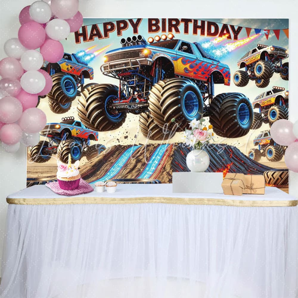 Monster Truck Theme Games Happy Birthday Backdrop For Boys