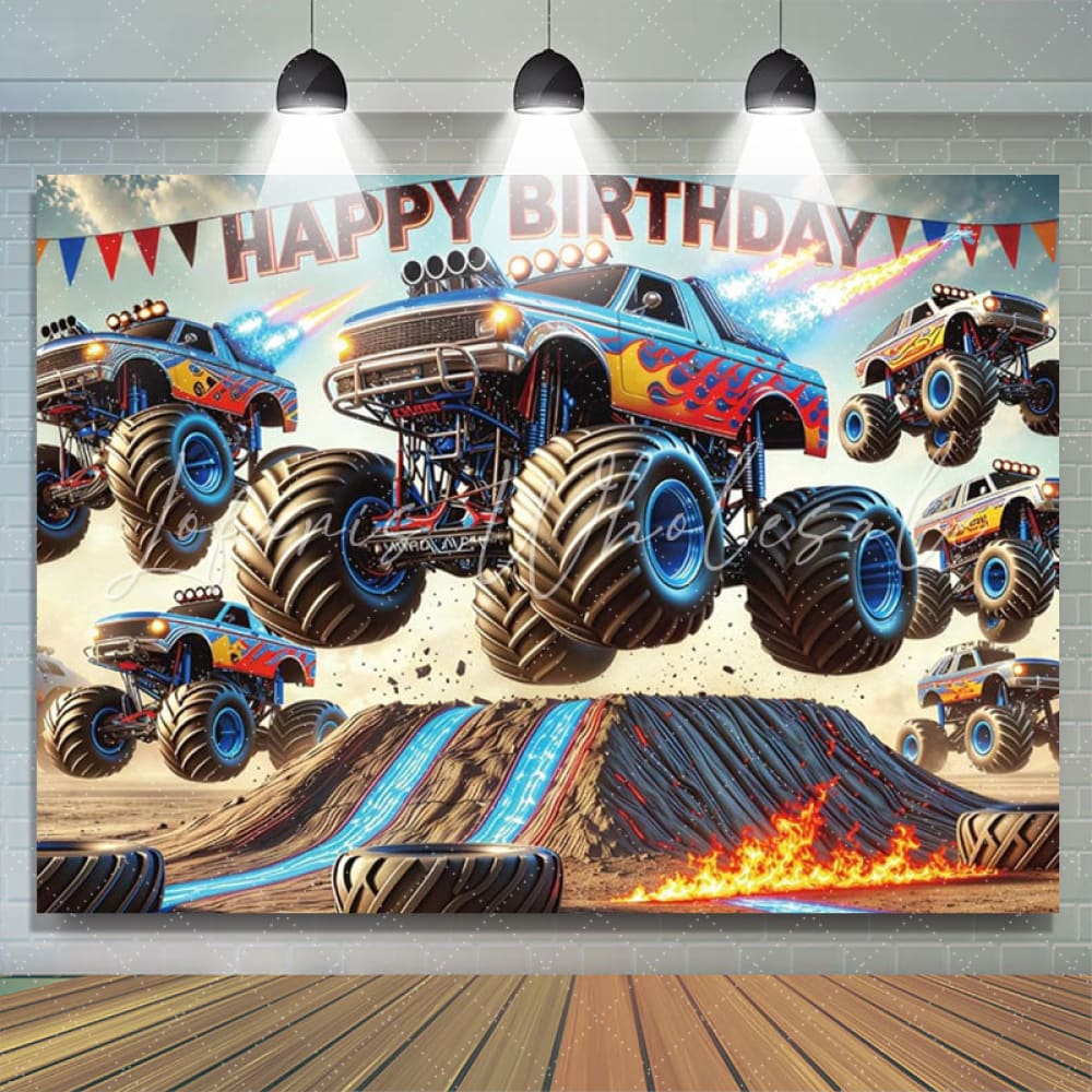 Monster Truck Theme Games Happy Birthday Backdrop For Boys