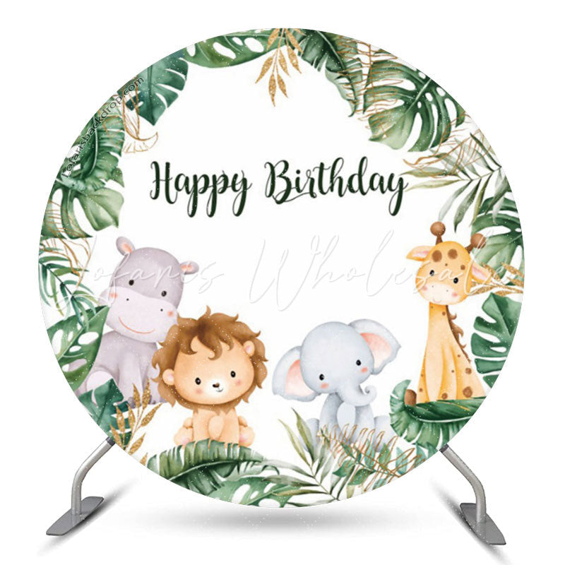 Lofaris Monstera Forest Animals Safari Round Birthday Backdrop