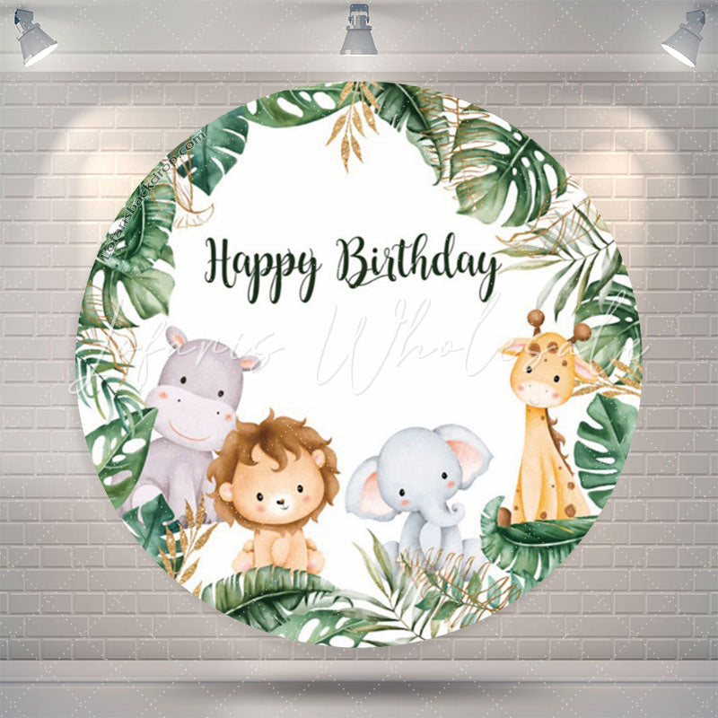 Lofaris Monstera Forest Animals Safari Round Birthday Backdrop