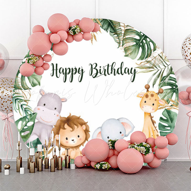 Lofaris Monstera Forest Animals Safari Round Birthday Backdrop