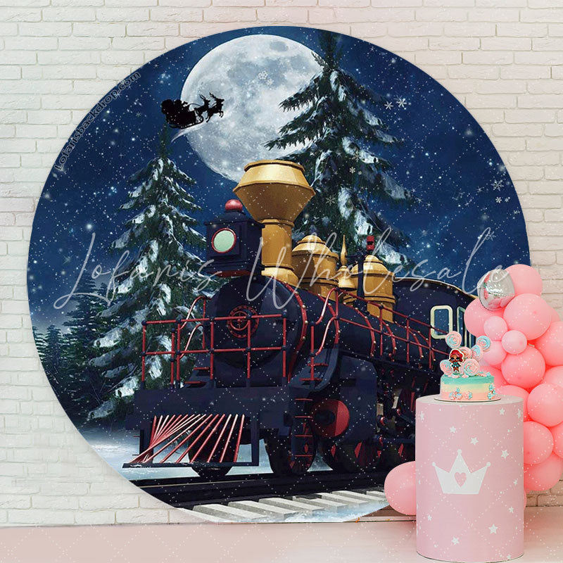 Lofaris Moon Train Pine Tree Christmas Night Round Backdrop
