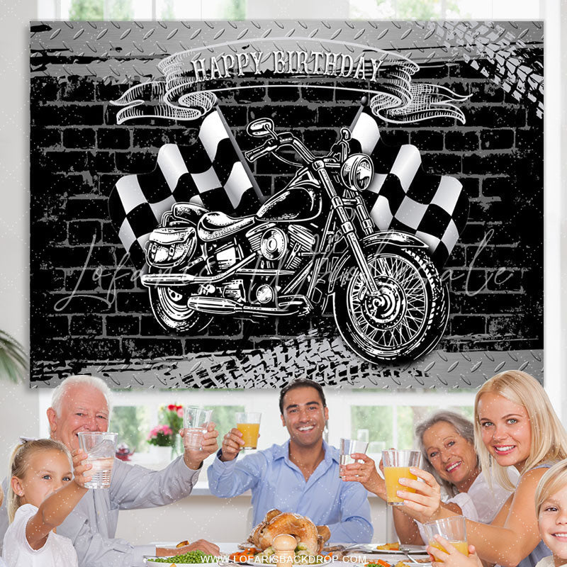 Lofaris Motorcycle With Flags Happy Birthday Backdrop For Boy