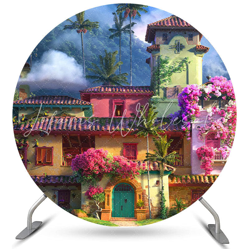 Lofaris Moutain Forest Cartoon Pink Floral House Round Birthday Backdrop