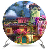Lofaris Moutain Forest Cartoon Pink Floral House Round Birthday Backdrop