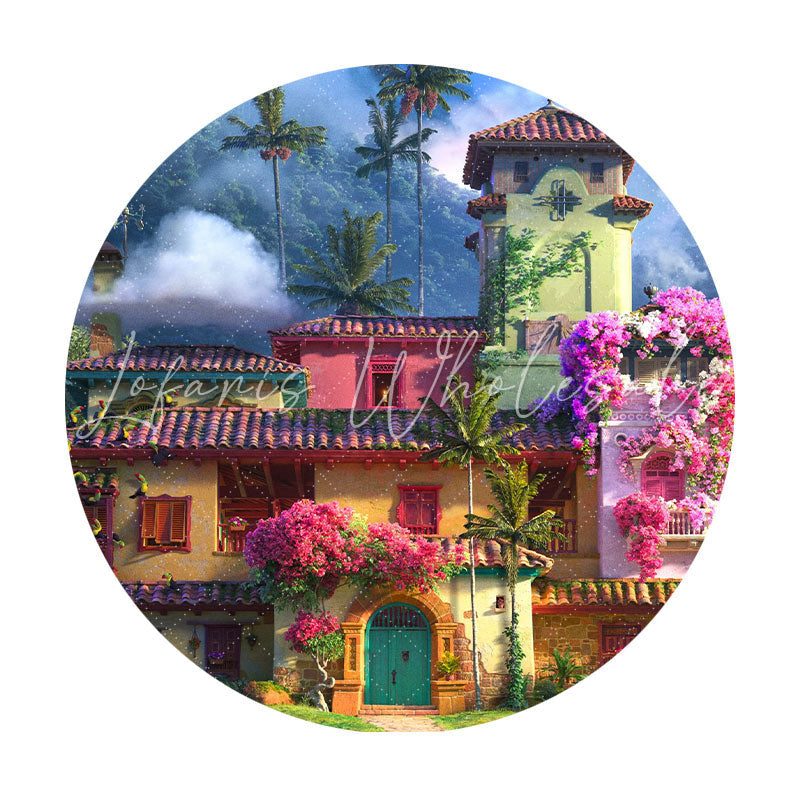 Lofaris Moutain Forest Cartoon Pink Floral House Round Birthday Backdrop